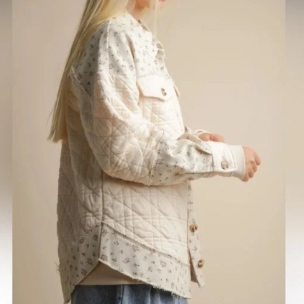 Cream Floral Trim Accent Quilted Long Sleeve Utility Jacket 1XL🆕⌚📦🏃💨🚚 - Picture 6 of 9